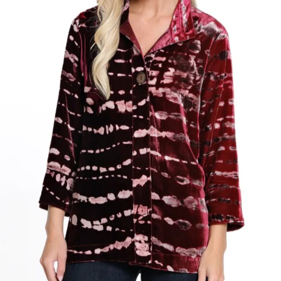 John Mark Tie Dye Wire Collar 3/4 Sleeve Velvet Blouse Tunic Size XS NWT - Picture 1 of 12